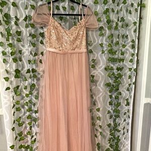 Blush off the shoulder sparkly dress with tulle
